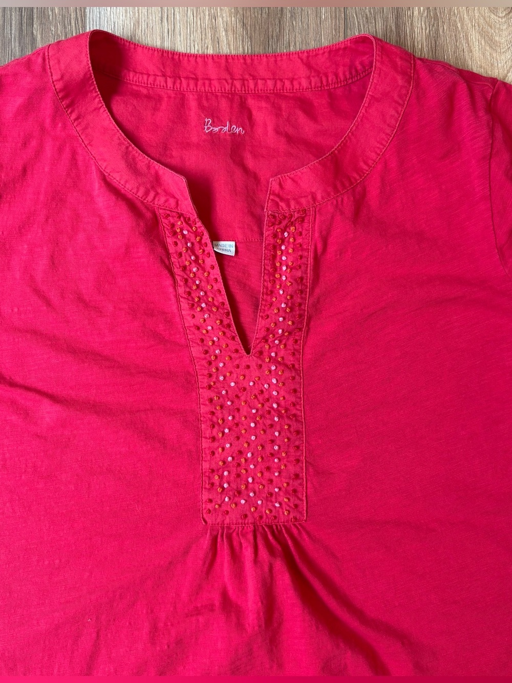 Boden Beaded Notch Neck 3/4 Sleeve Tunic Top Pink Red Small
